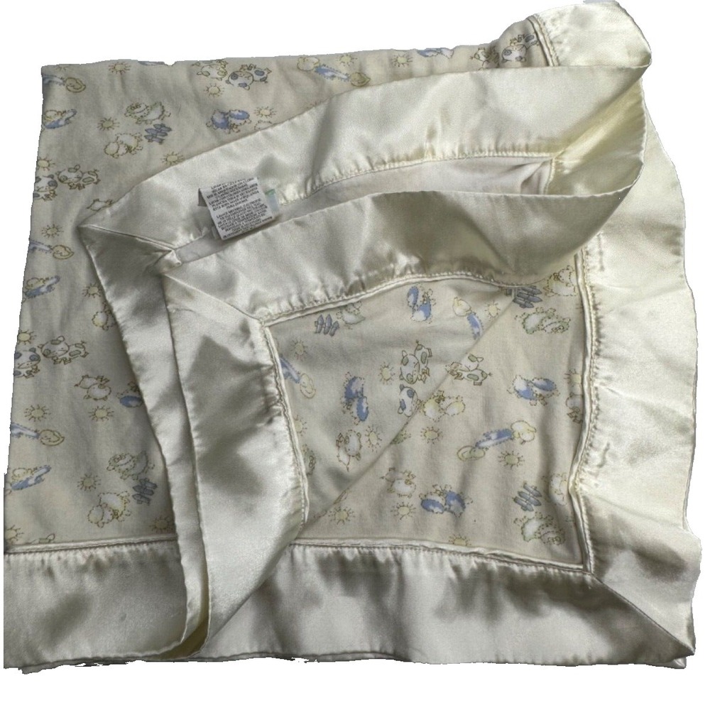 Magic Years Baby Blanket Cream Blue White Cow Duck Lamb Satin Trim Security